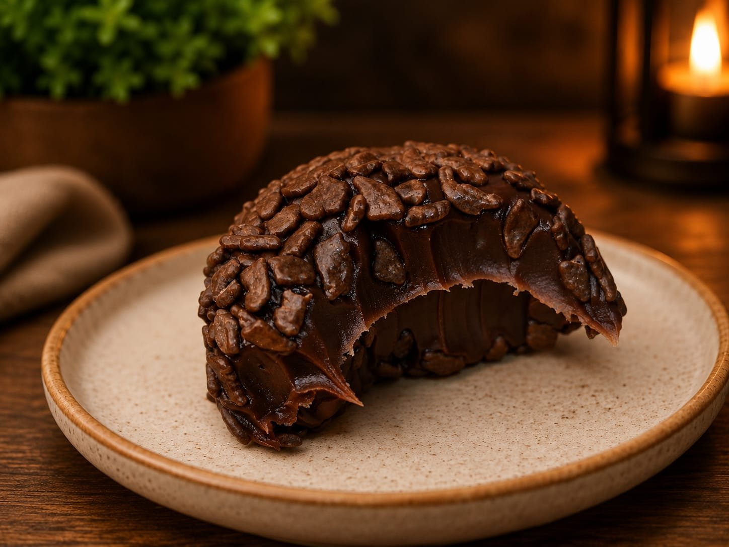 Brigadeiro de chocolate artesanal aberto, revelando o interior cremoso