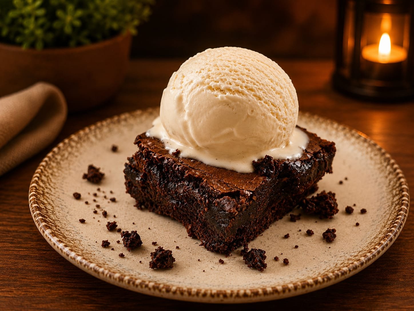 Brownie de chocolate servido com bola de sorvete de creme