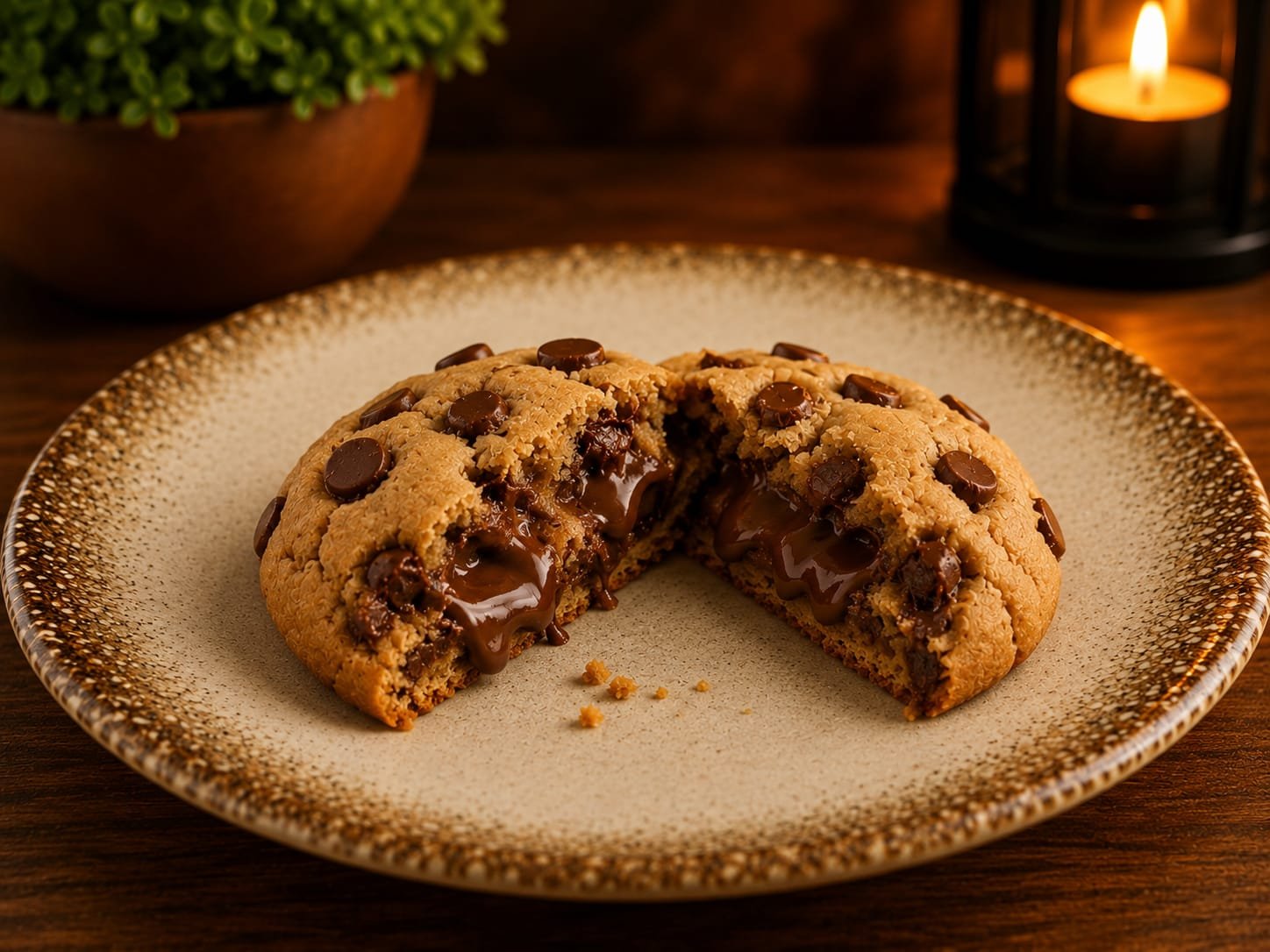 Cookie com gotas de chocolate partido, revelando o recheio