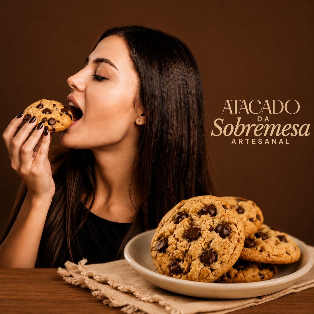 Cliente saboreando um cookie com gotas de chocolate